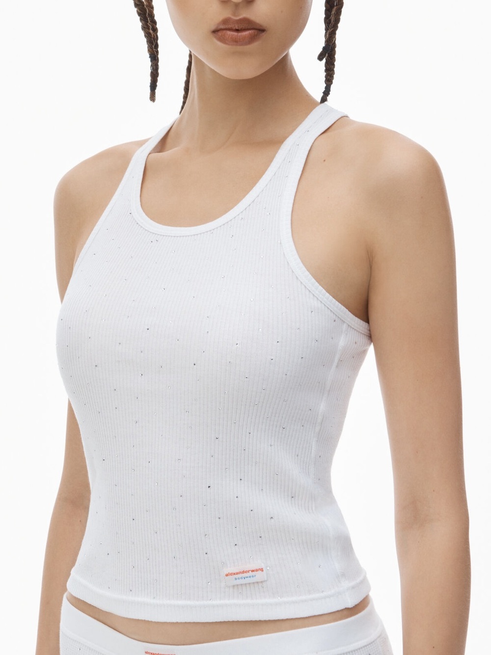 Alexander Wang White Ribbed Racerback Tank with Rhinestones